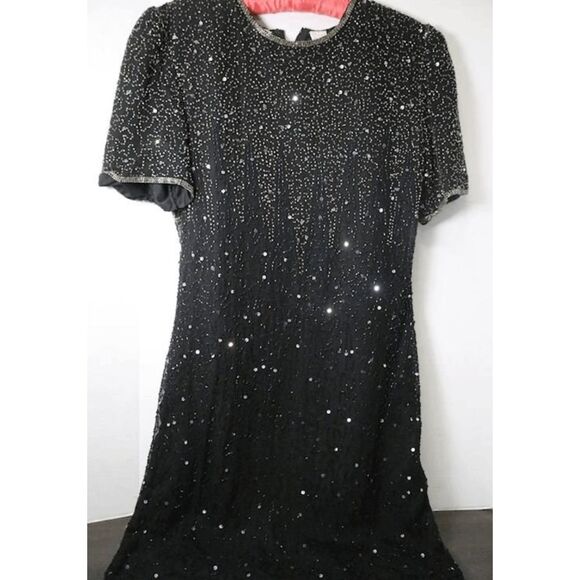 Laurence Kazar Black Sequins Silk Beaded Dress Size Medium Petite - Picture 3 of 12